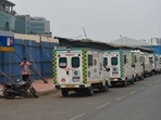 Ambulances kept ready outside the BKC Jumbo Covid-19 Centre to shift patients if necessary, as Cyclone Tauktae intensifies. (Photo by Satish Bate/Hindustan Times) Ambulances kept ready outside the BKC Jumbo Covid-19 Centre to shift patients if necessary, as Cyclone Tauktae intensifies. (Photo by Satish Bate/Hindustan Times)