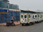 The vaccination programme will now be implemented on Tuesday, Wednesday and Thursday, municipal commissioner Iqbal Singh Chahal said. In picture - Ambulances kept ready outside the BKC Jumbo Covid-19 Centre as Cyclone Tauktae intensifies.(HT Photo) The vaccination programme will now be implemented on Tuesday, Wednesday and Thursday, municipal commissioner Iqbal Singh Chahal said. In picture - Ambulances kept ready outside the BKC Jumbo Covid-19 Centre as Cyclone Tauktae intensifies.(HT Photo)