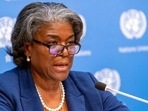 US Ambassador to the United Nations, Linda Thomas-Greenfield speaks to reporters during a news conference at United Nations headquarters. US Ambassador to the United Nations, Linda Thomas-Greenfield speaks to reporters during a news conference at United Nations headquarters.