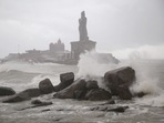 Huge waves are seen in the Arabian Sea near Kanyakumari, due to Cyclone Tauktae on Saturday.(PTI Photo) Huge waves are seen in the Arabian Sea near Kanyakumari, due to Cyclone Tauktae on Saturday.(PTI Photo)