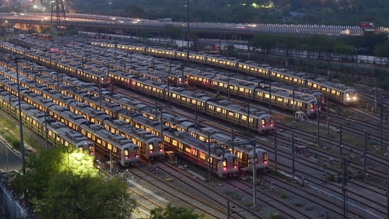Metro trains parked at Timarpur Metro Yard during a Covid-induced lockdown, in New Delhi. (PTI) Metro trains parked at Timarpur Metro Yard during a Covid-induced lockdown, in New Delhi. (PTI)