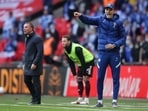 Chelsea manager Thomas Tuchel reacts alongside Leicester City manager Brendan Rodgers.