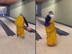Stills from the video showing the grandma bowling and her reaction later on. (Twitter/@sudkrish) Stills from the video showing the grandma bowling and her reaction later on. (Twitter/@sudkrish)
