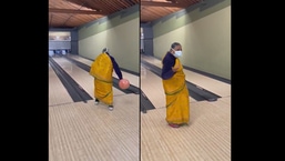 Stills from the video showing the grandma bowling and her reaction later on. 