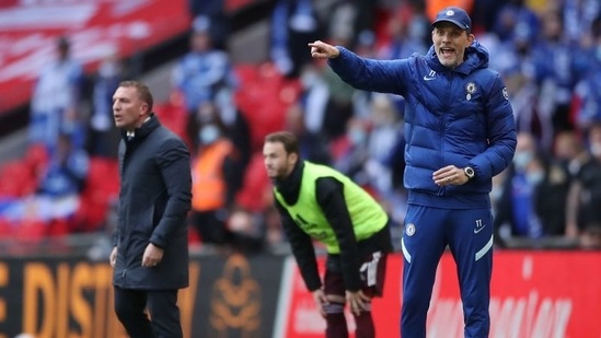 Chelsea manager Thomas Tuchel reacts alongside Leicester City manager Brendan Rodgers. (Pool via REUTERS)
