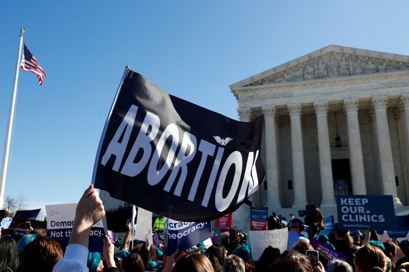 A demonstrator holds up an abortion flag outside of the US Supreme Court on Capitol Hill in Washington.&nbsp; (Reuters)