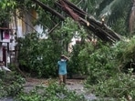 A man walks past a fallen tree after heavy rainfall in Mumbai caused by the passing of Cyclone Tauktae, the most powerful storm to hit the region in more than two decades, on May 18. The city was largely spared from any major damage as the Cyclone came ashore in neighboring Gujarat late on May 17.(Rafiq Maqbool / AP)