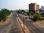 Odisha recorded 10,321 new infections and 22 related deaths on Tuesday. In picture - Deserted road during a weekend lockdown in Bhubaneswar.