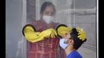 A young man getting tested for Covid-19 at the Community Health Centre in Jawaddi, Ludhiana, on Tuesday. (Gurpreet Singh/HT) A young man getting tested for Covid-19 at the Community Health Centre in Jawaddi, Ludhiana, on Tuesday. (Gurpreet Singh/HT)