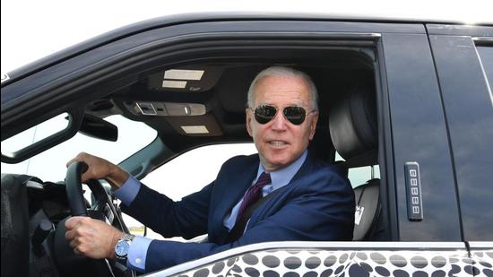 US President Joe Biden drives a F150 electric truck at the Ford Dearborn Development Center in Dearborn, Michigan. (AFP) US President Joe Biden drives a F150 electric truck at the Ford Dearborn Development Center in Dearborn, Michigan. (AFP)