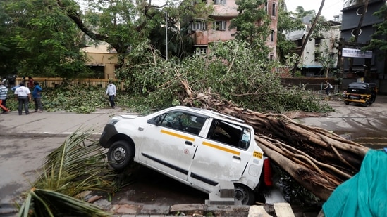An uprooted tree is seen fallen on a car after strong winds caused by Cyclone Tauktae in Mumbai. (Reuters)