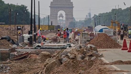 Construction work underway as part of the Central Vista project, at Rajpath in New Delhi. (PTI Photo) Construction work underway as part of the Central Vista project, at Rajpath in New Delhi. (PTI Photo)