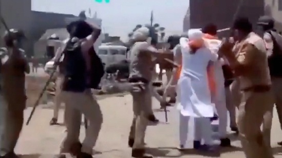 Police personnel lathi charge on farmers during their protest in Hisar. (PTI) Police personnel lathi charge on farmers during their protest in Hisar. (PTI)
