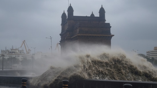 Strong sea waves lash the Gateway of India due to cyclone Tauktae.(PTI)