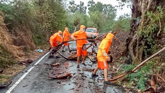 NDRF personnel clear a fallen tree from a road as they carry out restoration works following the landfall process of Cyclone Tauktae in Gujarat.(PTI)