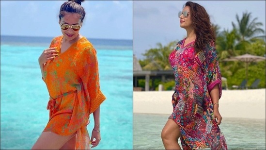 Flaunting contemporary styles during her Maldives vacay, Bipasha Basu laid style cues to jazz up our summer wardrobe in tangerine and floral print georgette kaftans by Varun Bahl.(Instagram/varunbahlpret)