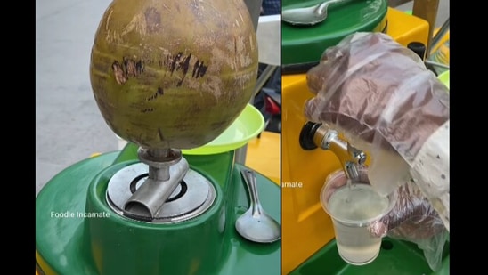 The screengrabs are taken from the clip showing the coconut water machine extracting the water.(Facebook/@foodie_incarnate)