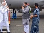 PM Modi was received by Gujarat CM Vijay Rupani at the airport.(PTI) PM Modi was received by Gujarat CM Vijay Rupani at the airport.(PTI)