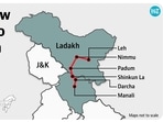 The proposed 4.25-kilometre tunnel under the 5,091-metre-high Shinkun La pass will create all-weather axis from Manali to Leh via Darcha-Padun-Nimmu alignment to supply Indian Army formations in Ladakh sector. (HT graphics)