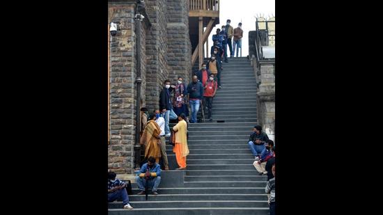 Residents of Shimla awaiting their turn for vaccination on Wednesday. (Deepak Sansta/HT)