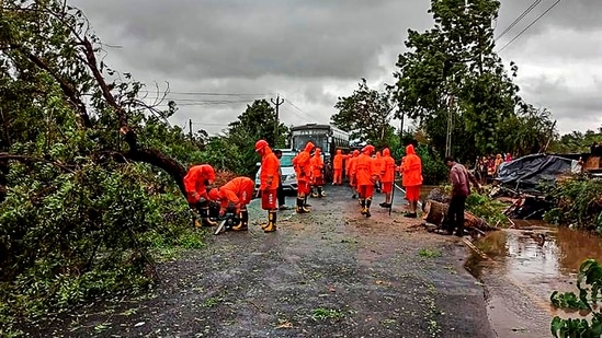 NDRF personnel clear a road, obstructed by felling of trees, after Cyclone Tauktae made landfall, in Gujarat. (PTI) NDRF personnel clear a road, obstructed by felling of trees, after Cyclone Tauktae made landfall, in Gujarat. (PTI)
