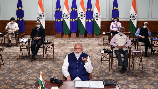 Prime Minister Narendra Modi addresses the virtual India-EU Leaders' Meeting on May 8. 