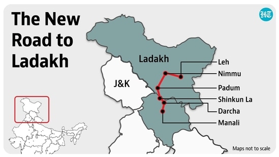 The proposed 4.25-kilometre tunnel under the 5,091-metre-high Shinkun La pass will create all-weather axis from Manali to Leh via Darcha-Padun-Nimmu alignment to supply Indian Army formations in Ladakh sector. (HT graphics)