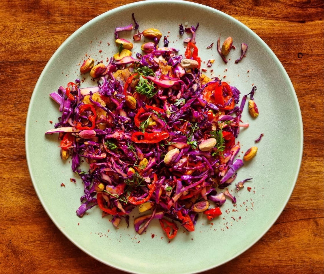 Sweet Potato Rosti with pink cabbage salad and roasted pistachios(Instagram/vinsplate) Sweet Potato Rosti with pink cabbage salad and roasted pistachios(Instagram/vinsplate)