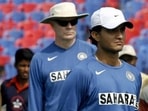 Sourav Ganguly (in front) standing with Greg Chappell and Rahul Dravid