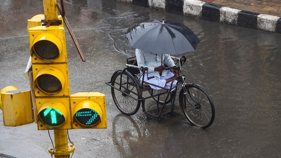 A man on a tricycle under an umbrella during a heavy rain spell in New Delhi on May 19. “We need to understand that this weather was induced by a rare phenomenon, the cyclonic storms. But it is true that even during peak monsoon, Delhi seldom experiences consistent rain,” a senior Met department official told HT. (Shahbaz Khan / PTI)