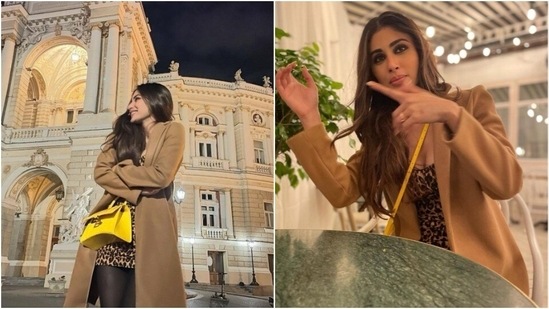 Are holidays even complete without a little animal print? Mouni says not. The actor also donned a gorgeous bodycon mini animal print dress along with her stockings, a beige long coat and added a bright pop with her yellow side sling bag. Which of these looks is your favourite?(Instagram/ imouniroy)
