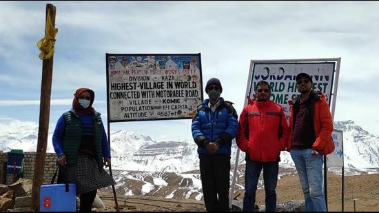 Health department staff at the world’s highest village of Komic in Himachal Pradesh’s Lahaul and Spiti district, where vaccination is on full swing. (HT Photo) Health department staff at the world’s highest village of Komic in Himachal Pradesh’s Lahaul and Spiti district, where vaccination is on full swing. (HT Photo)