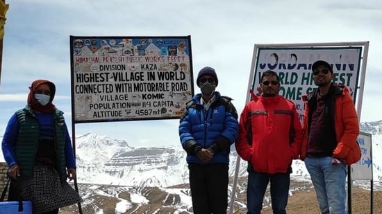 Health department staff at the world’s highest village of Komic in Himachal Pradesh’s Lahaul and Spiti district, where vaccination is on full swing. (HT Photo) Health department staff at the world’s highest village of Komic in Himachal Pradesh’s Lahaul and Spiti district, where vaccination is on full swing. (HT Photo)
