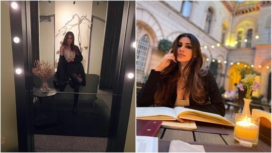 Mouni was seen wearing a bodycon beige top which she teamed with a black mini skirt, a pair of sheer stockings, black booties and completed the look with a long black jacket. (Instagram/ imouniroy)