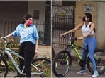 With the gyms being closed, celebrities like Janhvi and Khushi Kapoor, Mandira Bedi and Mira Rajput have found ways to exercise with whatever they can get their hands on. The Kapoor sisters too have started cycling and it seems like a great option.(Varinder Chawla)