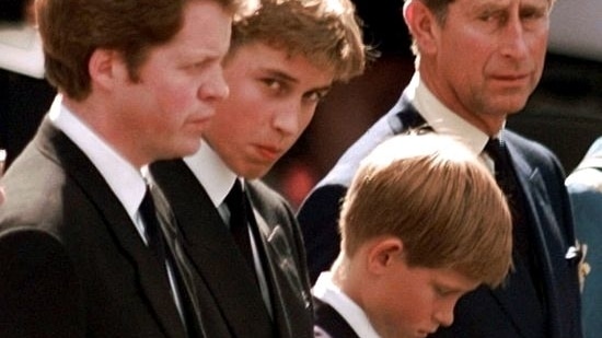 Prince Charles, Prince Harry, Prince William and Earl Spencer watch as the coffin containing the body of Princess Diana is carried into Westminster Abbey for her funeral service September 6. [The Princess was killed in a car accident in Paris August 31 along with her friend Dodi Al Fayed and their chauffeur.]/File Photo(Reuters)