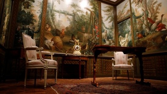 The decorative panels for Gilles Demarteau's Salon by Francois Boucher (1703-1770) and workshop are seen in a period room at the Carnavalet-History of Paris Museum, located in the Marais district, during a press visit after four years of renovations in Paris, France, May 20, 2021.  (REUTERS)