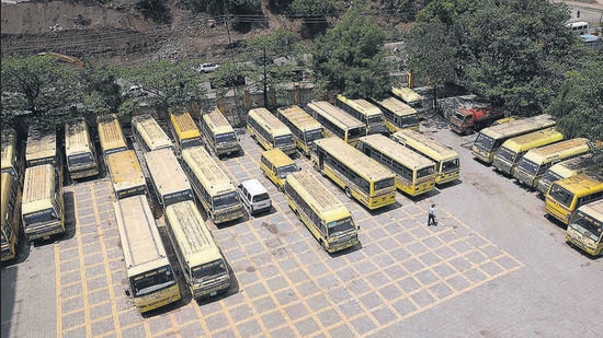 Buses parked on the premises of a school in Ambegaon, on Thursday, Schools in the city are closed since last year. (RAHUL RAUT/HT) Buses parked on the premises of a school in Ambegaon, on Thursday, Schools in the city are closed since last year. (RAHUL RAUT/HT)
