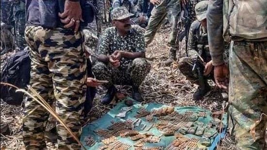 Police personnel show cartridges recovered from five Maoists killed in a gunfight with C-60 commandos in Khobra Mendha forest in Gadchiroli district of Maharashtra on March 29. (File photo) Police personnel show cartridges recovered from five Maoists killed in a gunfight with C-60 commandos in Khobra Mendha forest in Gadchiroli district of Maharashtra on March 29. (File photo)