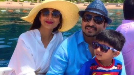 Actor Shilpa Shetty with husband Raj Kundra and son Viaan Raj Kundra.