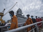 Crew members of ONGC's Barge P305 who were stranded in the Mumbai offshore due to Cyclone Tauktae, coming out of INS Kochi after they were rescued by the Indian Navy, at Naval Dockyard, in Mumbai on Wednesday, May 19. (Pratik Chorge/HT photo) Crew members of ONGC's Barge P305 who were stranded in the Mumbai offshore due to Cyclone Tauktae, coming out of INS Kochi after they were rescued by the Indian Navy, at Naval Dockyard, in Mumbai on Wednesday, May 19. (Pratik Chorge/HT photo)