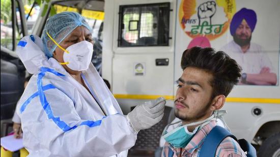 A health worker collecting swab sample for Covid testing at Sarabha Nagar Market in Ludhiana on Saturday. (Gurpreet Singh/HT) A health worker collecting swab sample for Covid testing at Sarabha Nagar Market in Ludhiana on Saturday. (Gurpreet Singh/HT)