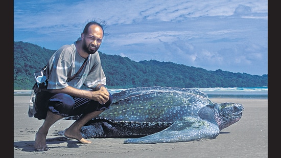 Shanker with a giant leatherback turtle.