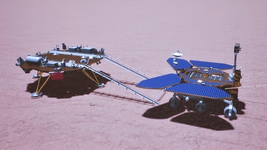 Powered by solar energy, Zhurong will also look for signs of ancient life, including any subsurface water and ice, using a ground-penetrating radar during its 90-day exploration of the Martian surface. In picture - Rendering of the Zhurong rover depicted on the surface of Mars by the China National Space Administration. (AP) Powered by solar energy, Zhurong will also look for signs of ancient life, including any subsurface water and ice, using a ground-penetrating radar during its 90-day exploration of the Martian surface. In picture - Rendering of the Zhurong rover depicted on the surface of Mars by the China National Space Administration. (AP)