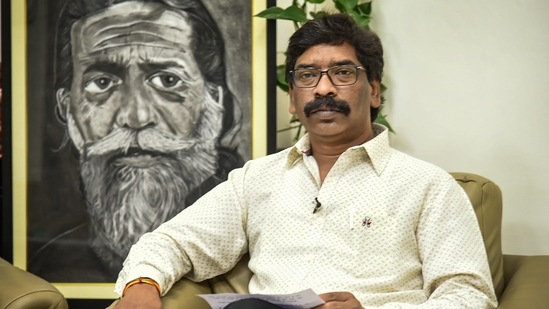 Jharkhand CM Hemant Soren addresses to announce lockdown in the state from April 22, in Ranchi. (PTI)