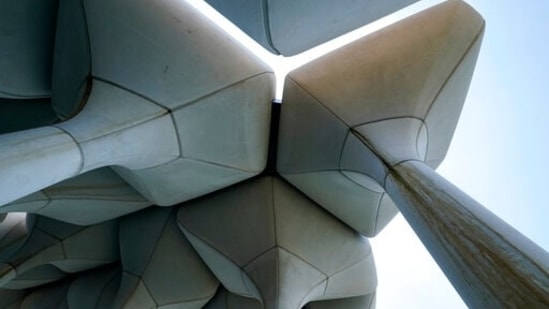 Giant concrete 'tulip pots' that support the new Hudson River park Little Island are shown from the bottom up, Tuesday, May 18, 2021, in New York. The park replaces piers damaged by Superstorm Sandy.(AP)