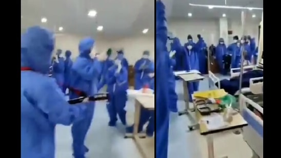 The image shows the hospital staff singing Namo Namo composed by Amit Trivedi.