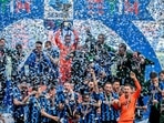 Inter Milan players celebrate after clinching the Serie A title.(AP) Inter Milan players celebrate after clinching the Serie A title.(AP)