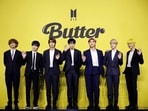 Members of K-pop boy band BTS pose for photographs during a photo opportunity promoting their new single Butter in Seoul, South Korea, May 21, 2021.(REUTERS)