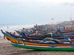 Boats anchored at a beach in Puri, on Saturday as Cyclone Yaas approaches.(PTI Photo) Boats anchored at a beach in Puri, on Saturday as Cyclone Yaas approaches.(PTI Photo)